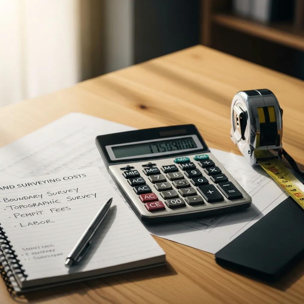 Calculator and measuring tools on a desk for land surveying costs