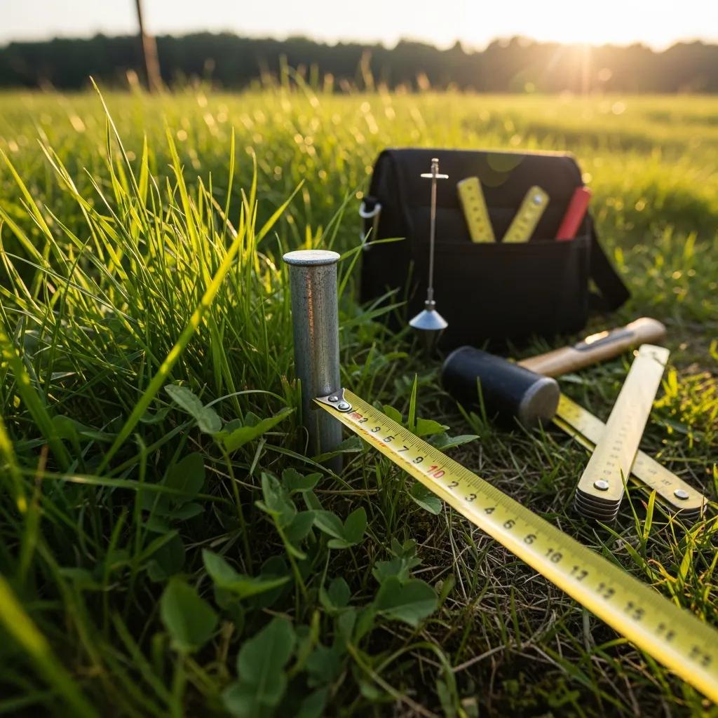 Close-up of property boundary marker with surveying tools, illustrating boundary surveys