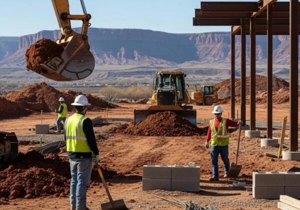 Construction site in Central Utah with workers in hard hats and safety vests, heavy machinery moving dirt, and a backdrop of red rock formations, illustrating sustainable commercial site development practices.
