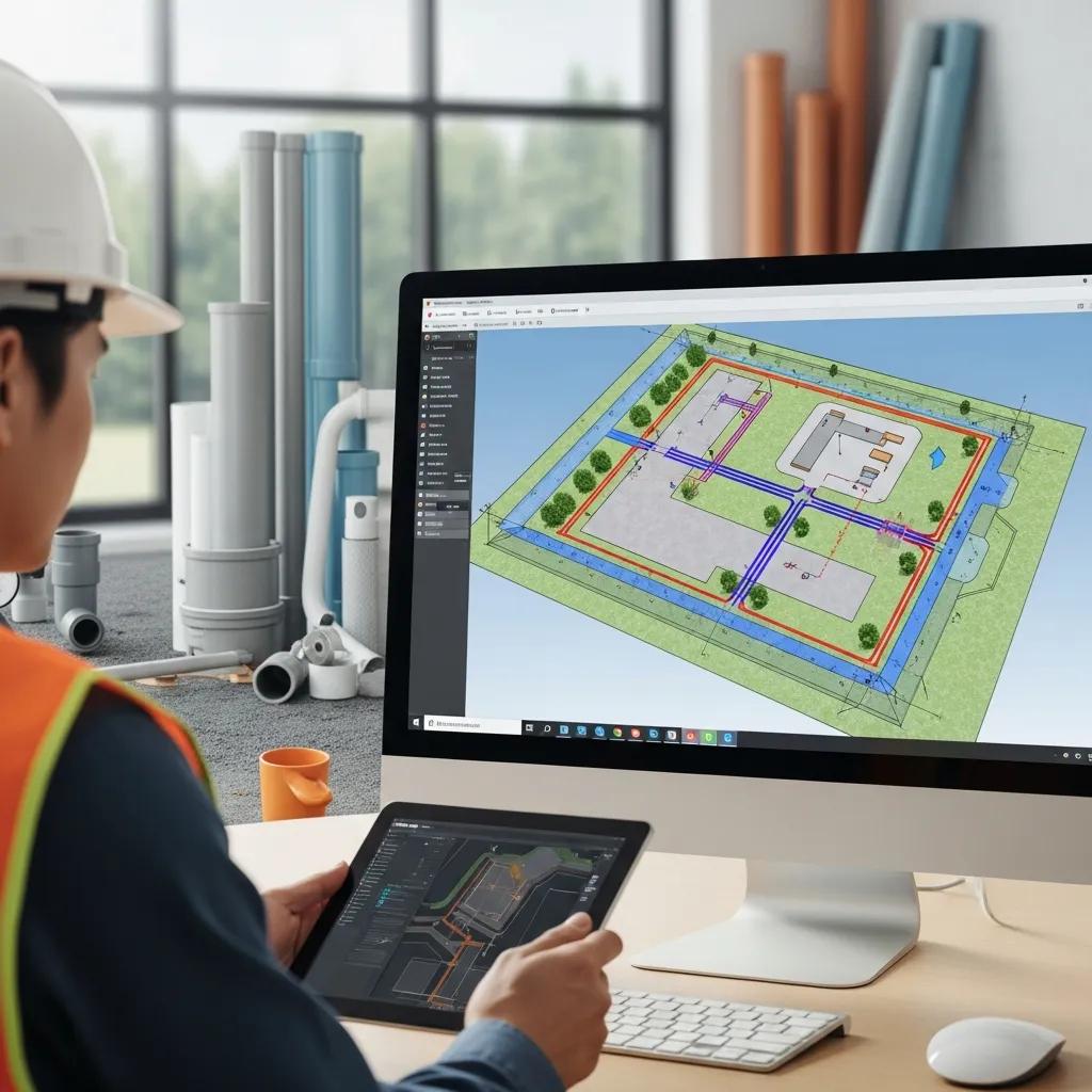 Engineer reviewing digital infrastructure design for commercial site development on computer, with site plan elements like roads, utilities, and landscaping visible.
