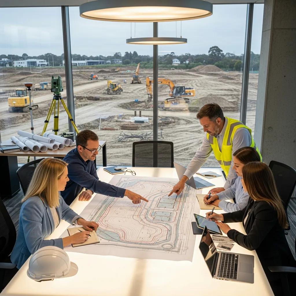 Engineers and architects collaborating on site plans during the planning phase of commercial site development, with construction machinery visible outside the window.