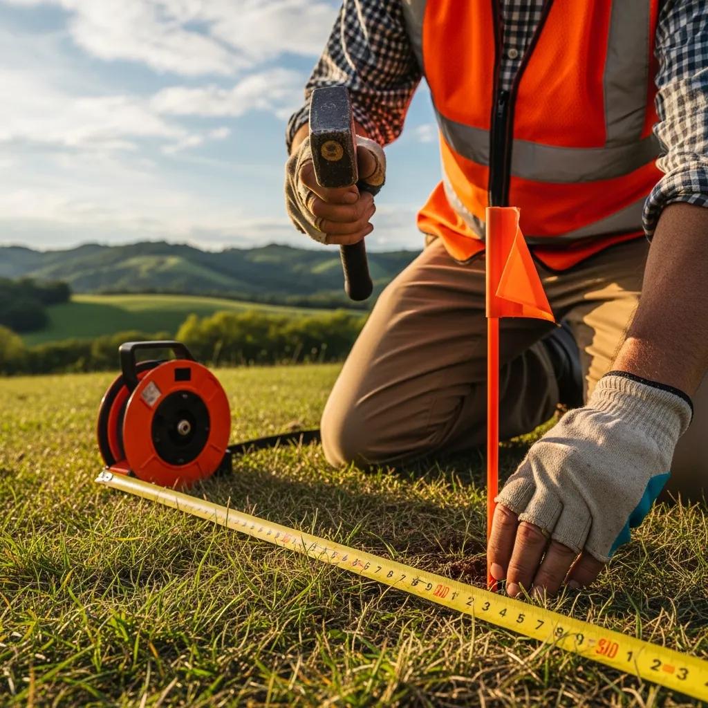 Land surveyor marking property boundaries with stakes and flags