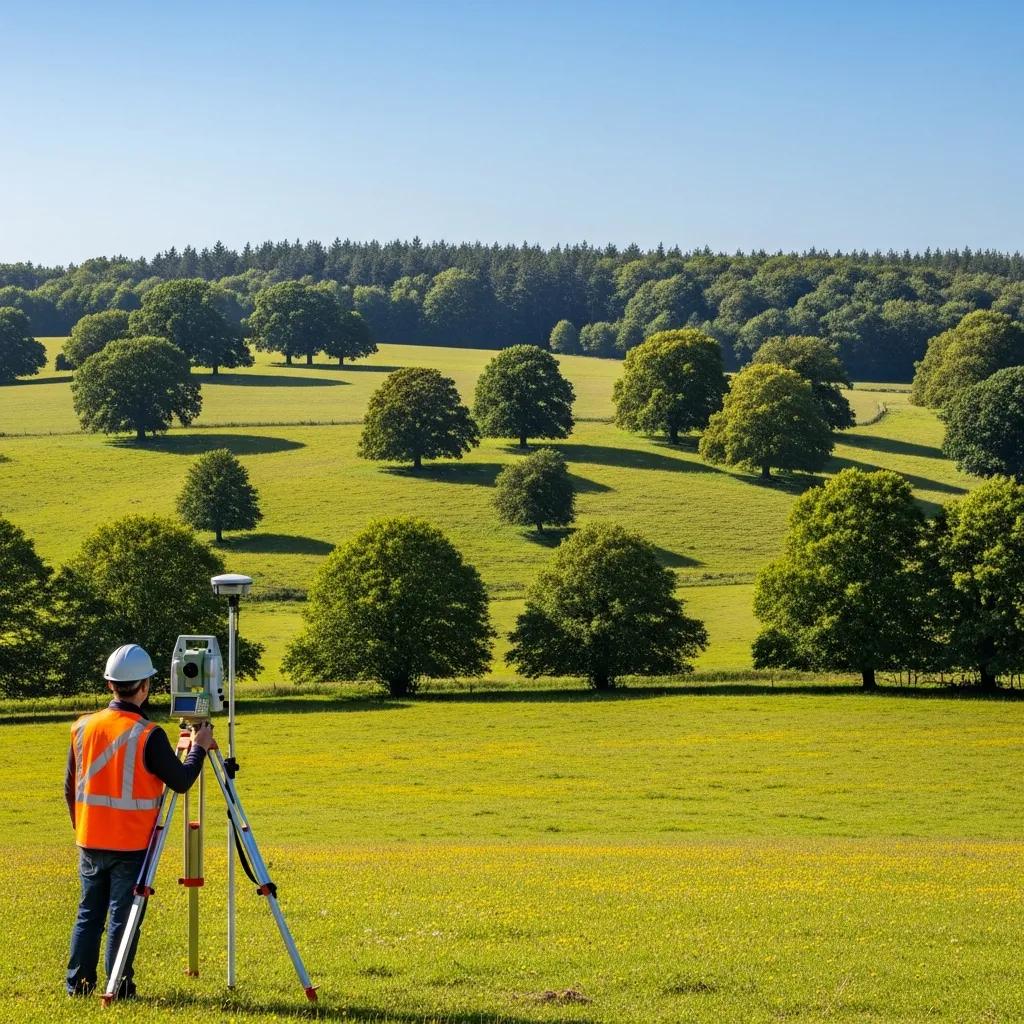 Landscape with surveyor using equipment, highlighting land surveys in real estate