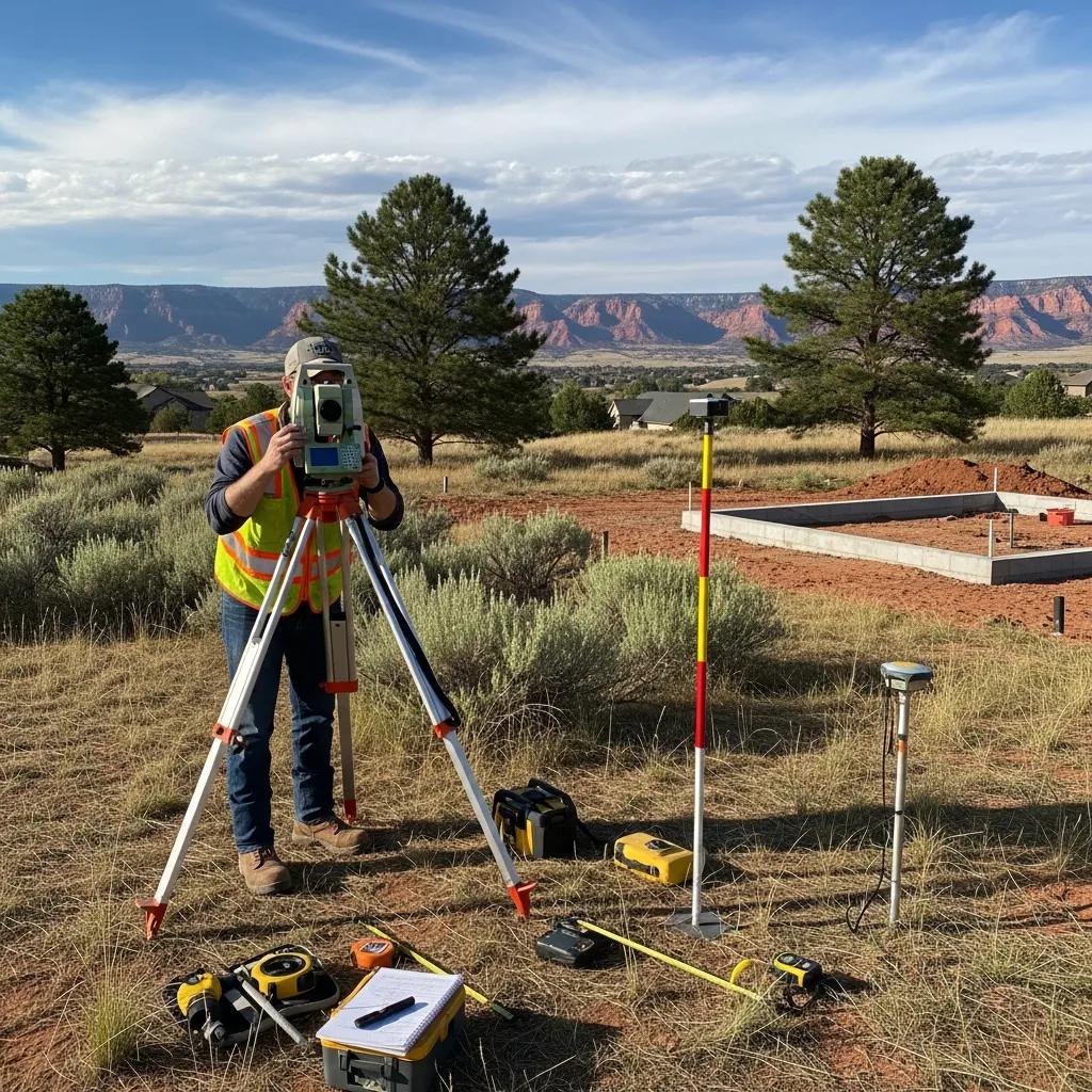 Surveyor measuring property elevation for Flood Elevation Certificate