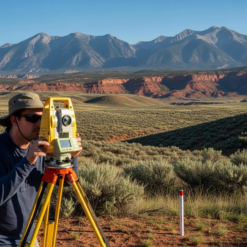 Utah land surveyor using a theodolite in a scenic landscape