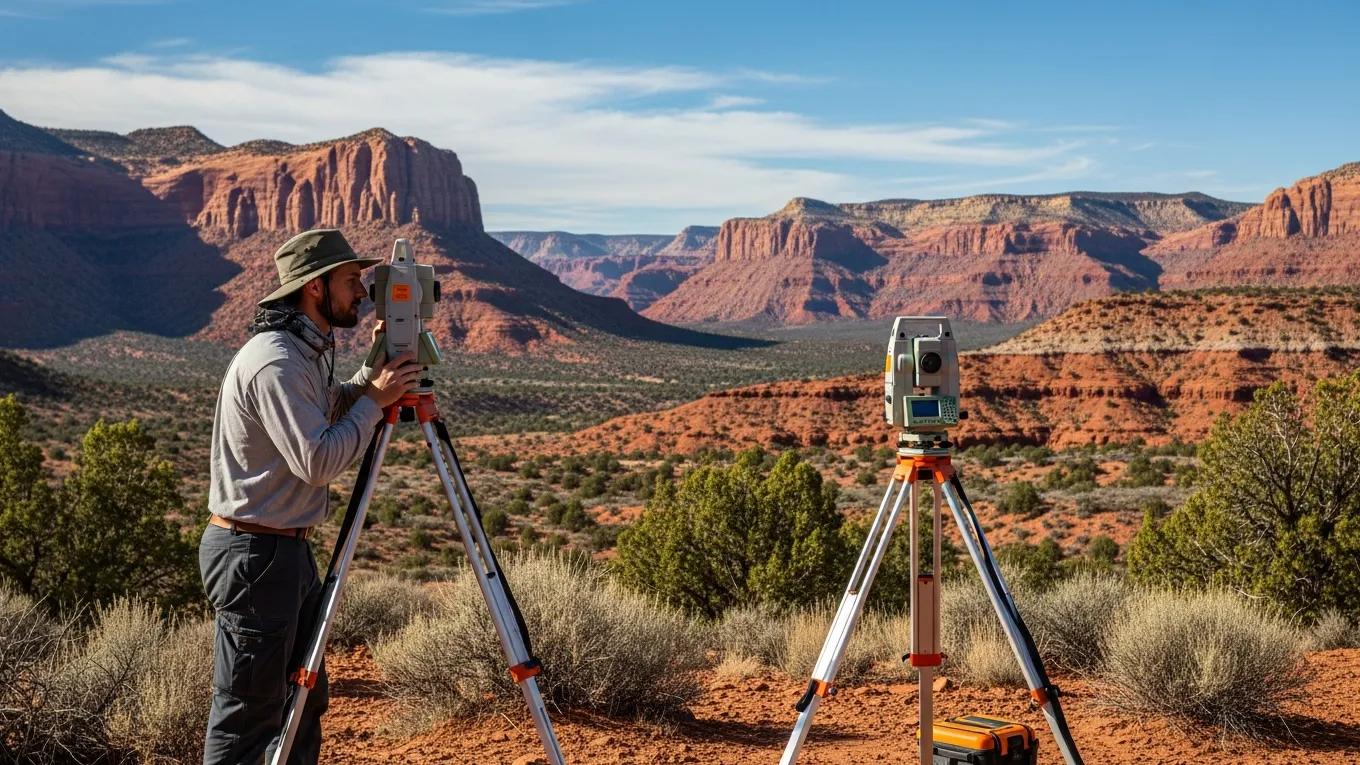 Land surveyor using a total station in a Utah landscape