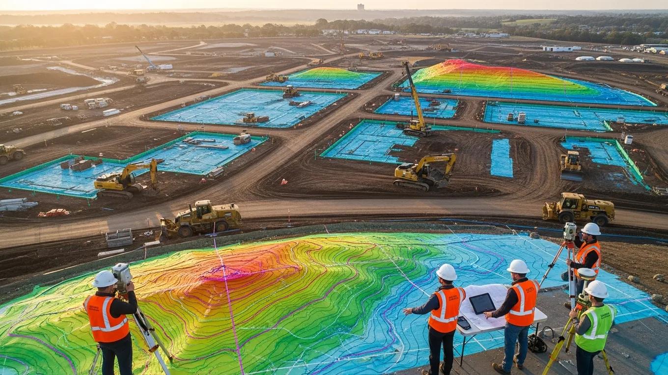 Aerial view of a construction site with a topographic map overlay, illustrating topographic surveys