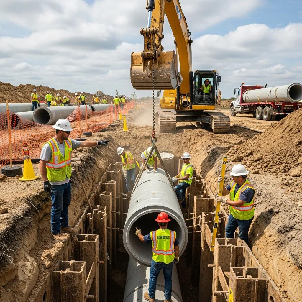 Construction crew installing sewer lines with safety measures in place