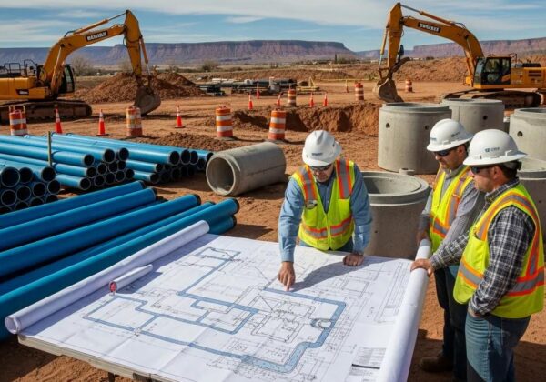 Engineers reviewing water and sewer system design plans at a construction site in Utah, with heavy machinery and construction materials in the background.
