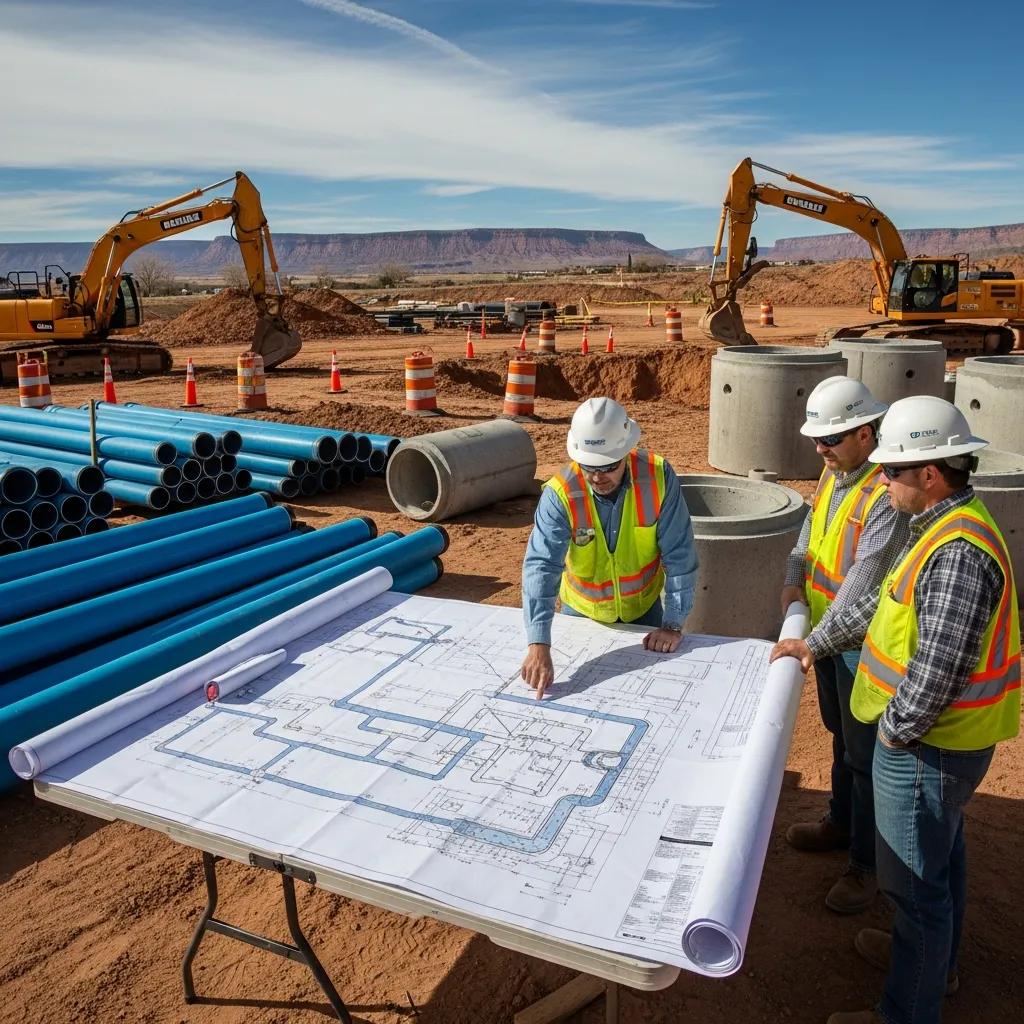 Engineers reviewing water and sewer system design plans at a construction site in Utah