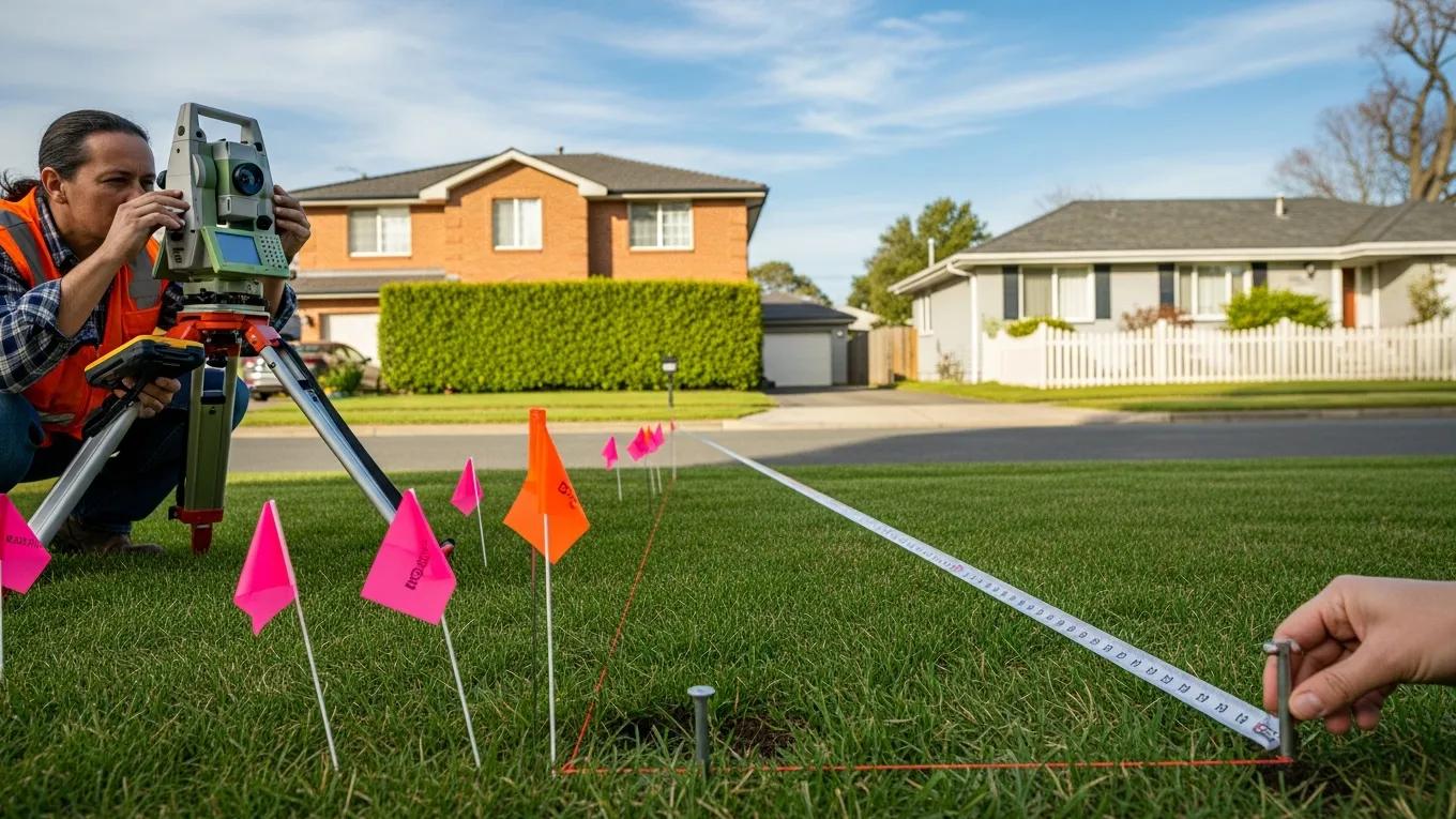 Land surveyor marking property boundaries in a residential area, emphasizing boundary surveys
