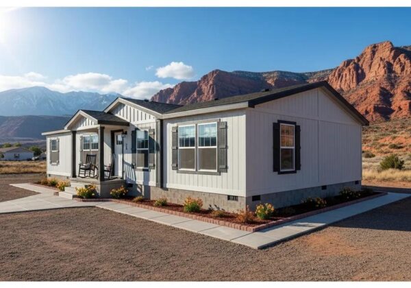 Manufactured home in Utah showcasing foundation integrity and safety, surrounded by desert landscape and mountains, emphasizing quality for foundation inspections.