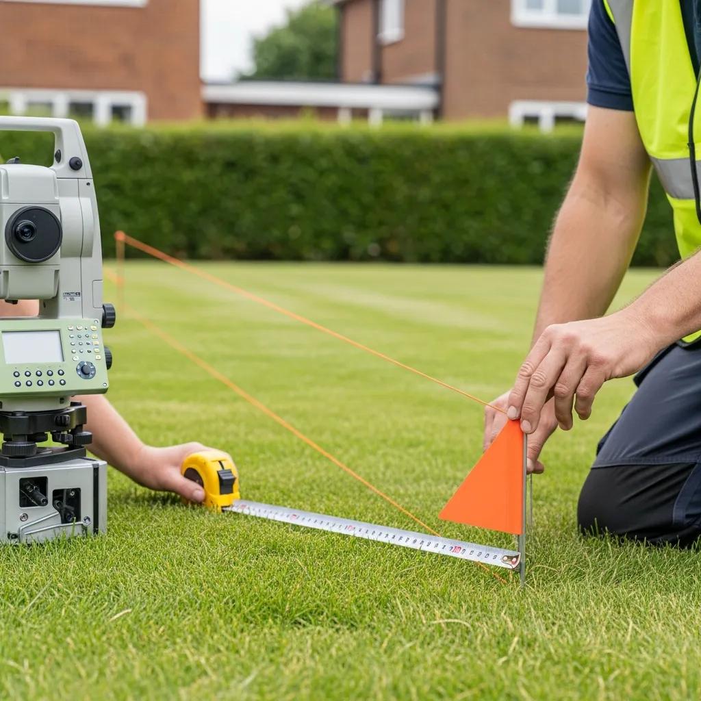 Surveyor marking property boundaries with flags and measuring tools