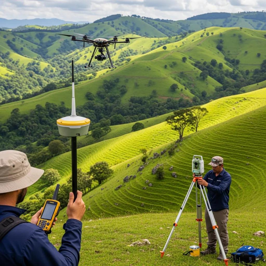 Surveyors conducting a topographic survey on hilly terrain with GPS equipment